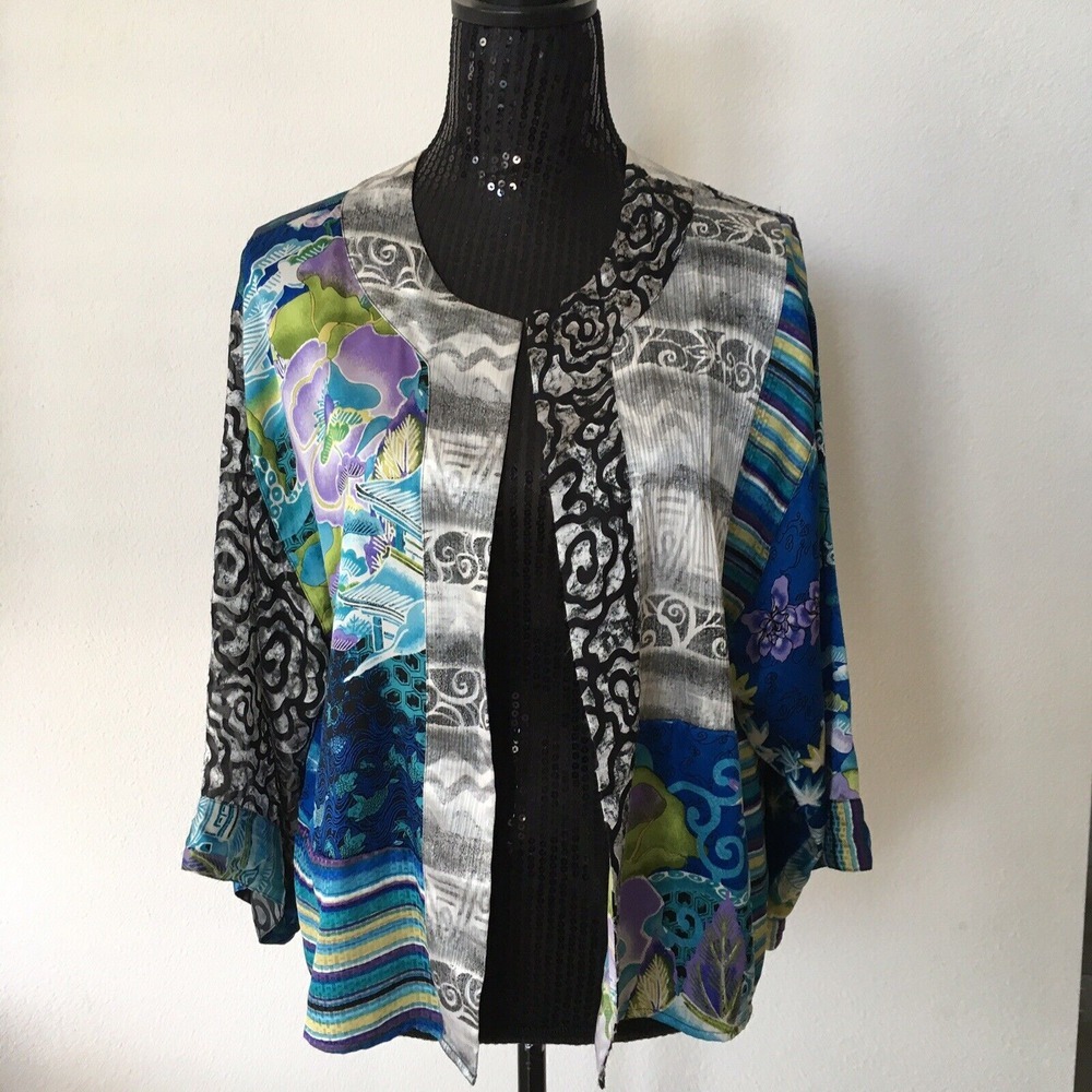 CHICO'S Womens Cardigan Blazer Open Front Blue Multicolor Graphic‎ Size 1 EUC